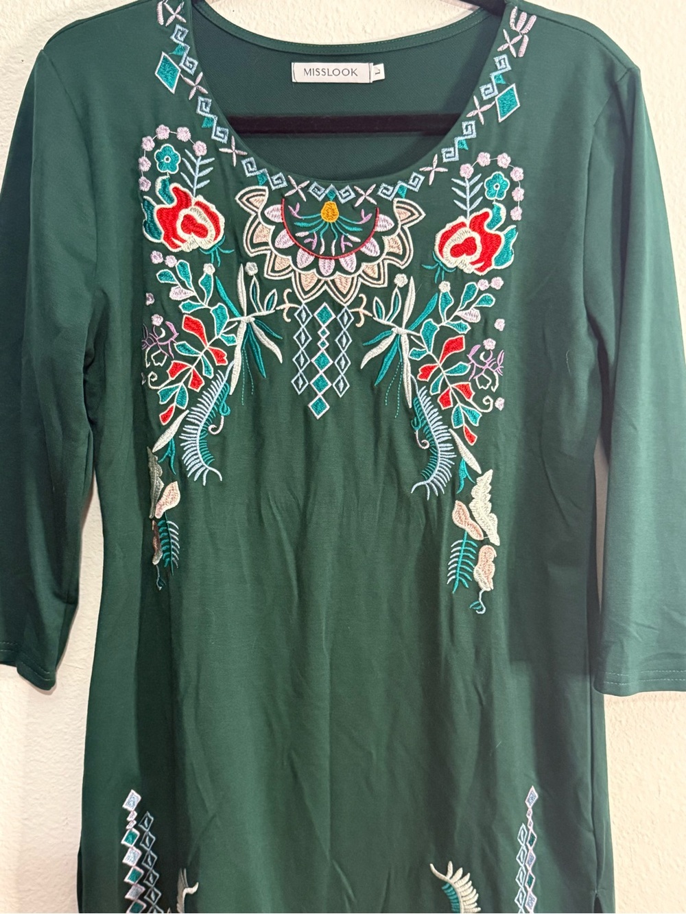 Misslook Boho Embroidered Tunic Dress Hunter Green 3/4Sleeve Shift Cottagecore L - Picture 4 of 8